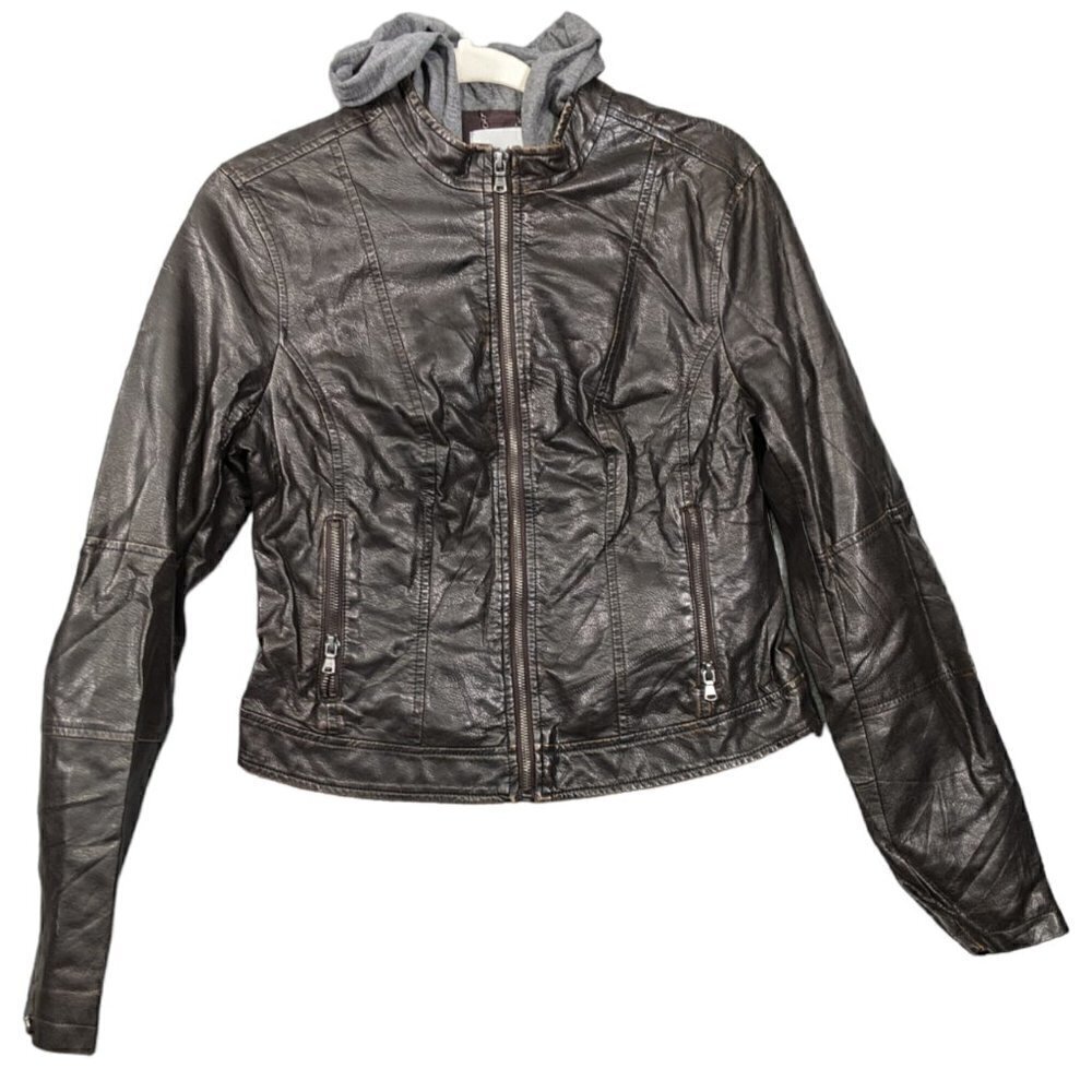 Levis Faux Leather Moto Jacket Hoodie Womens Medium Dark Brown Hooded Distressed